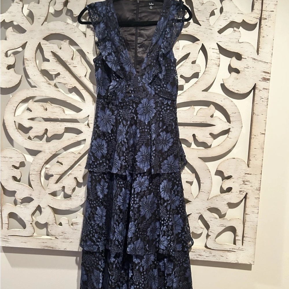 Lulu's Blue and Silver Ruffled Tiered Maxi Dress